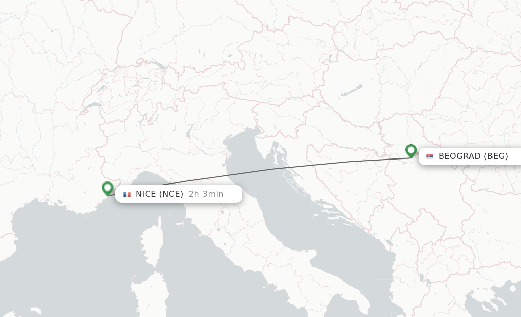 Flights from Belgrade to Nice route map