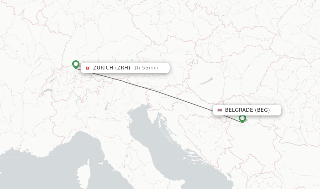 Flights from Belgrade to Zurich route map