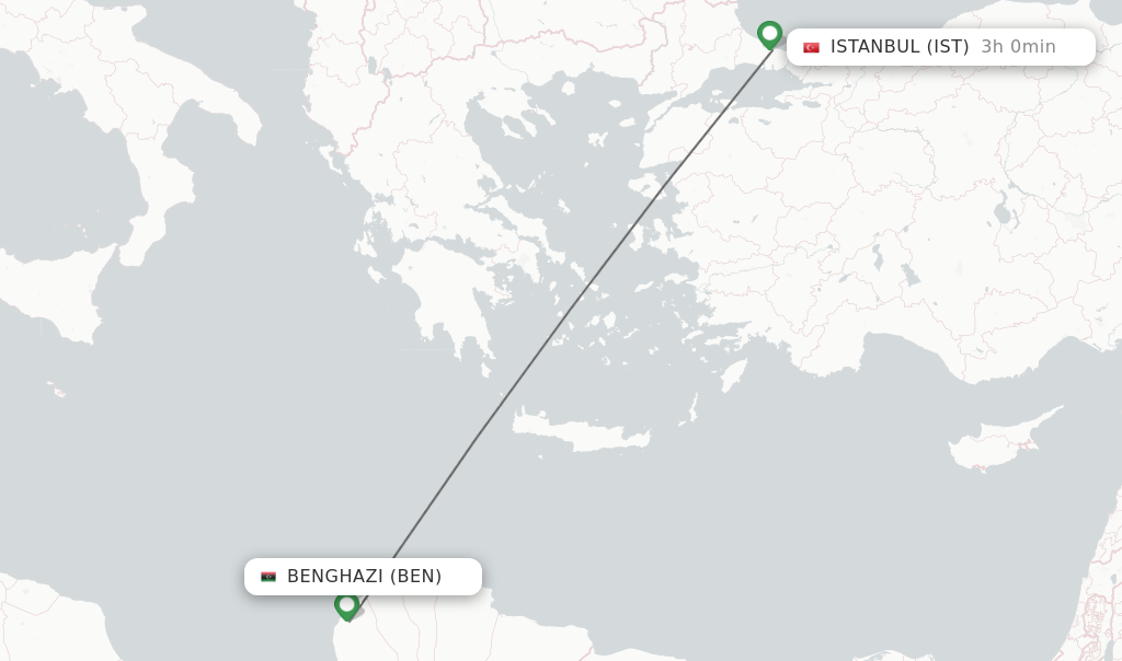 Flights from Benghazi to Istanbul route map