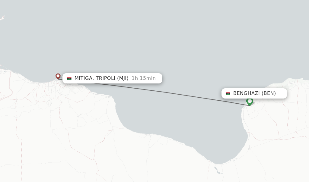 Flights from Benghazi to Mitiga, Tripoli route map