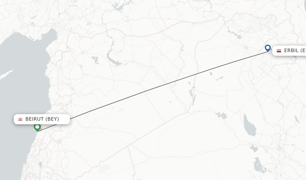 Flights from Beirut to Erbil route map