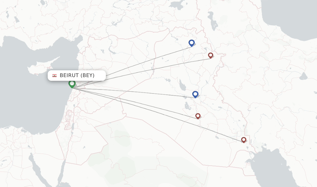 Route map with flights from Beirut with Iraqi Airways