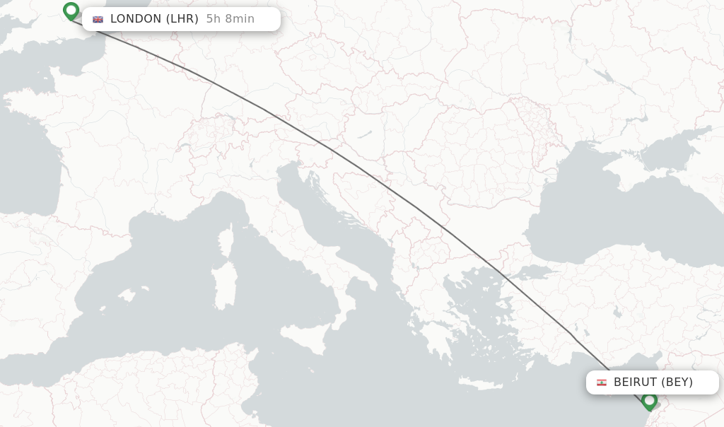 Flights from Beirut to London route map