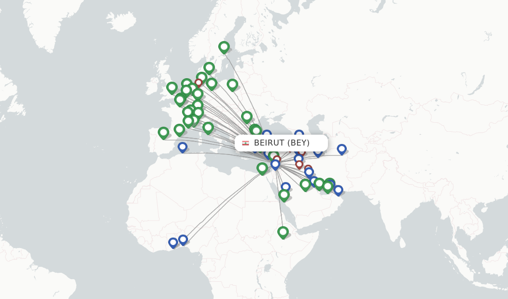 Flights from Beirut to Casablanca route map