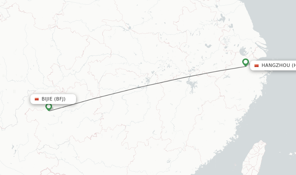 Flights from Bijie to Hangzhou route map