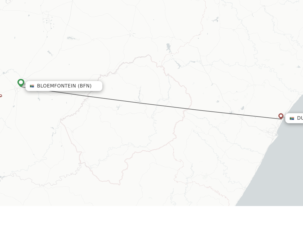 Flights from Bloemfontein to Durban route map