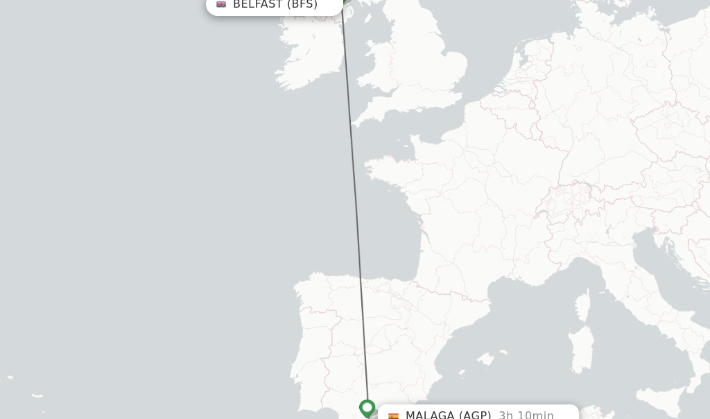 Flights from Belfast to Malaga route map