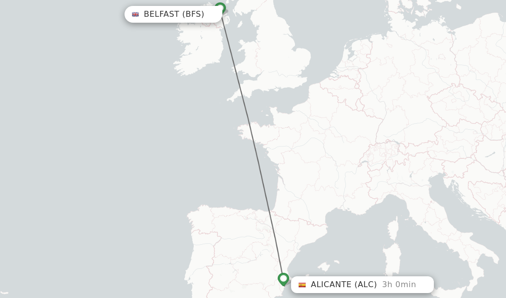 Flights from Belfast to Alicante route map