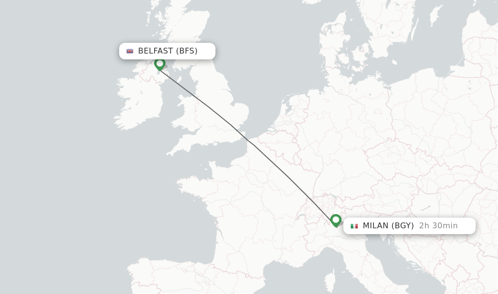 Flights from Belfast to Milan route map