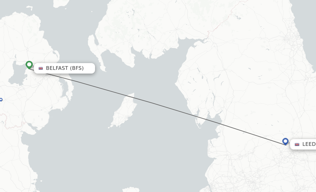 Flights from Belfast to Leeds route map