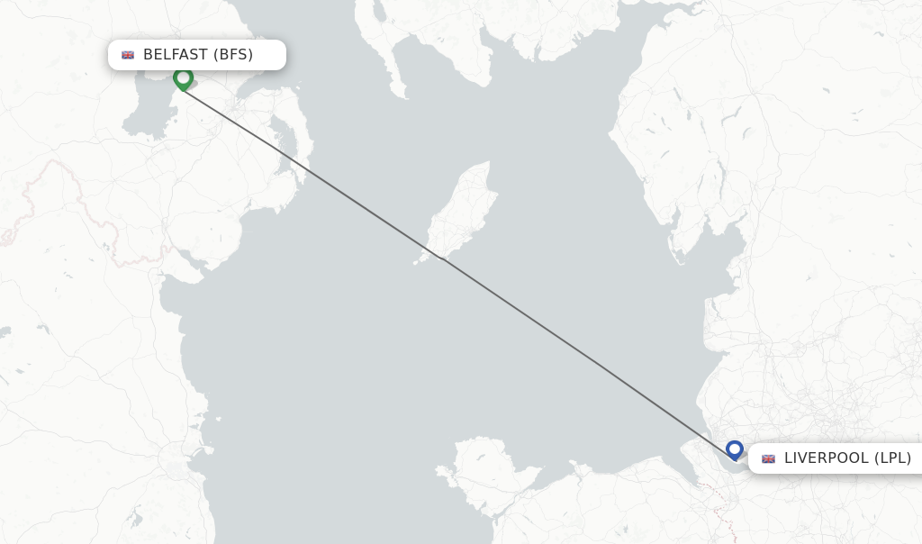 Flights from Belfast to Liverpool route map