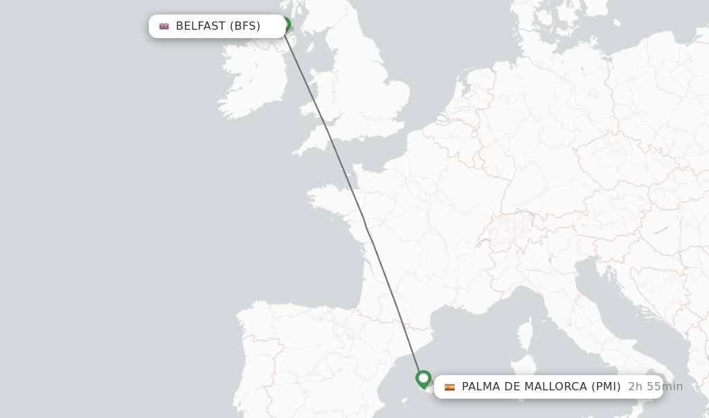 Flights from Belfast to Palma de Mallorca route map