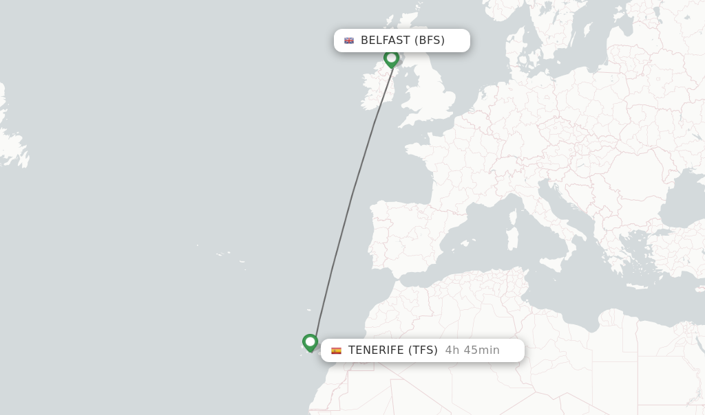 Flights from Belfast to Tenerife route map