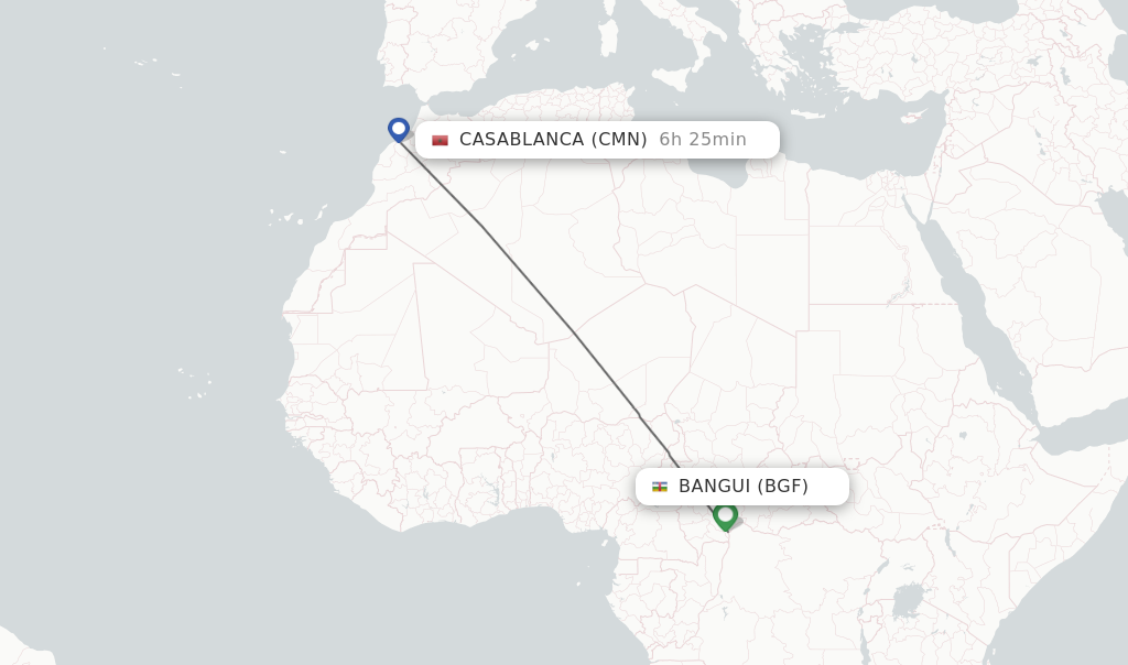 Flights from Casablanca to Bangui route map