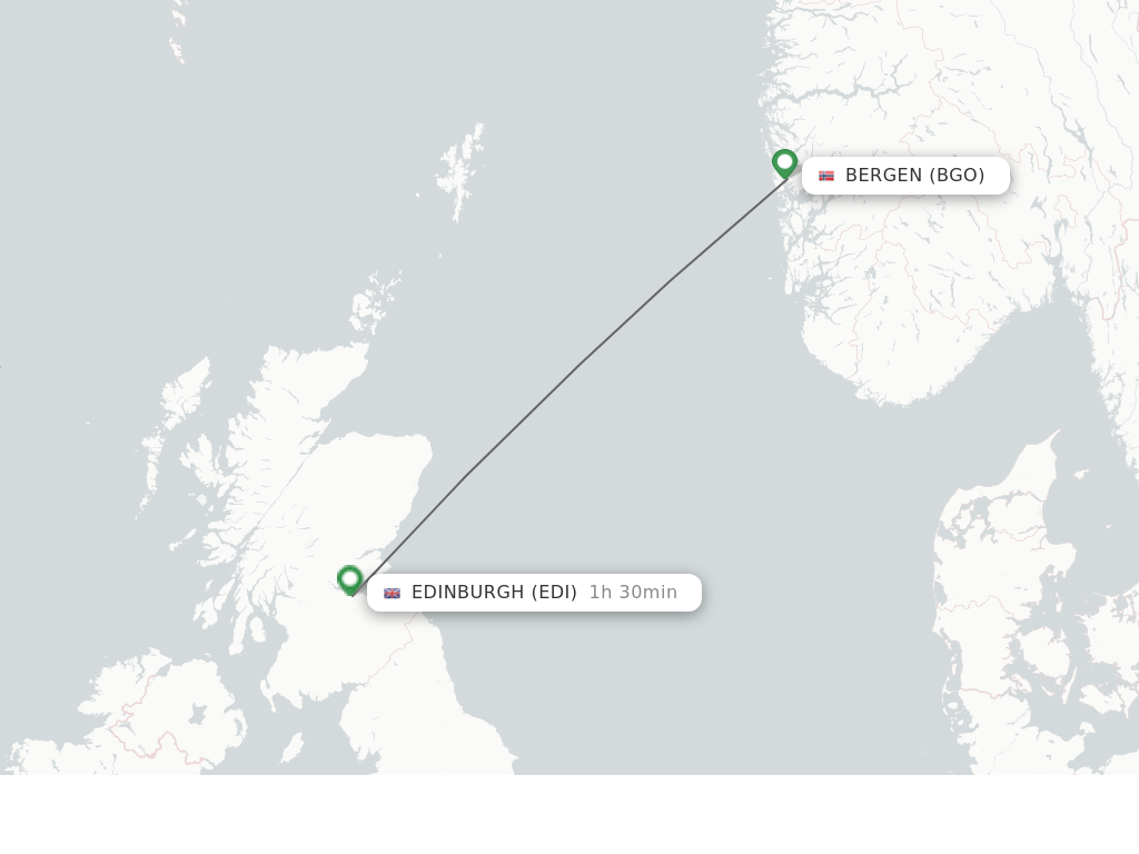 Flights from Bergen to Edinburgh route map