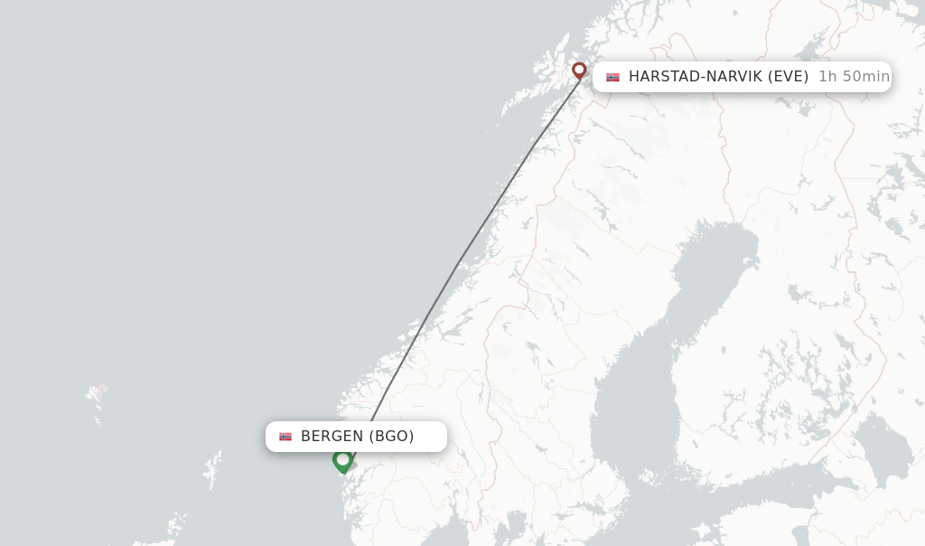 Flights from Bergen to Harstad-Narvik route map