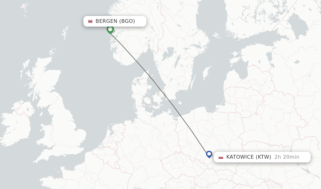 Flights from Bergen to Katowice route map