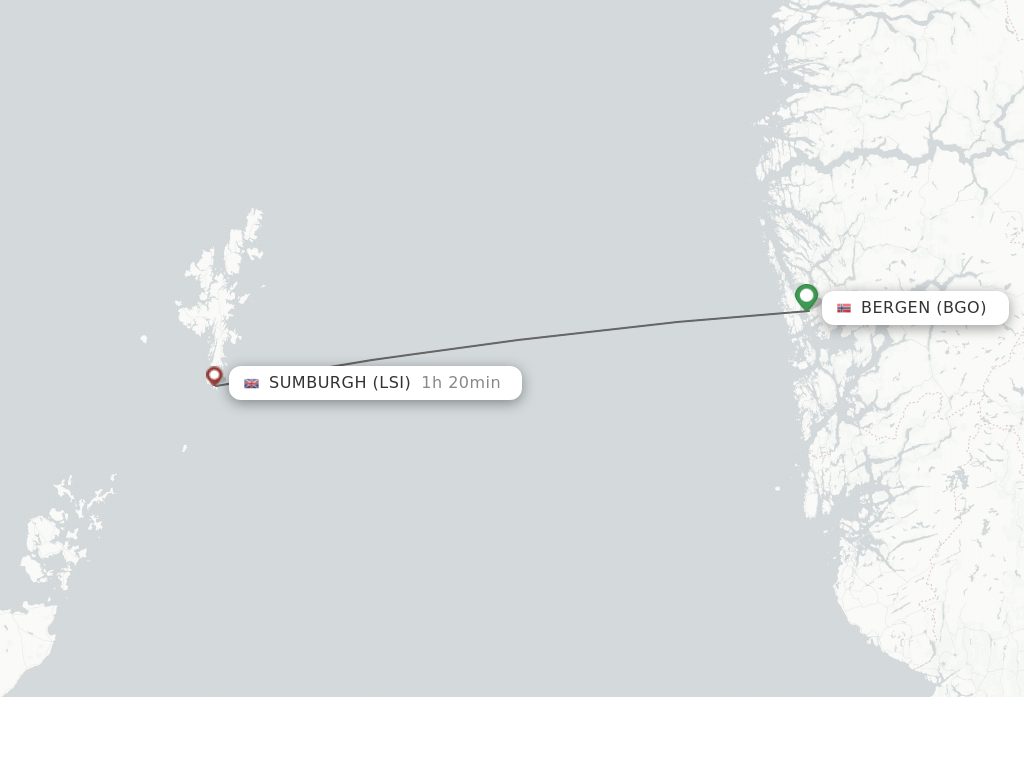 Flights from Bergen to Shetland Islands route map