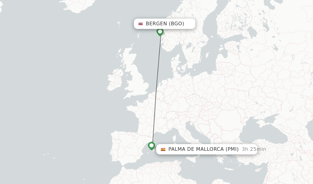Flights from Bergen to Palma de Mallorca route map