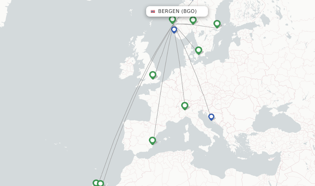 Route map with flights from Bergen with SAS
