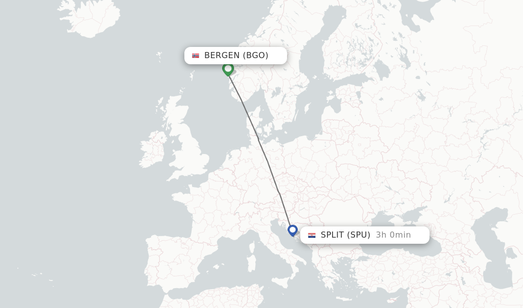 Flights from Bergen to Split route map