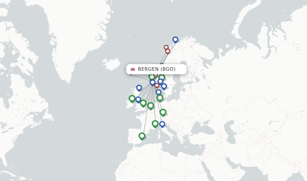 Route map with flights from Bergen with Wideroe