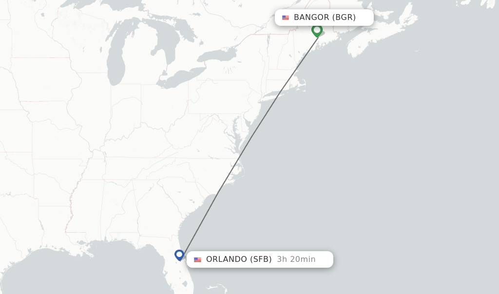 Flights from Bangor to Orlando route map