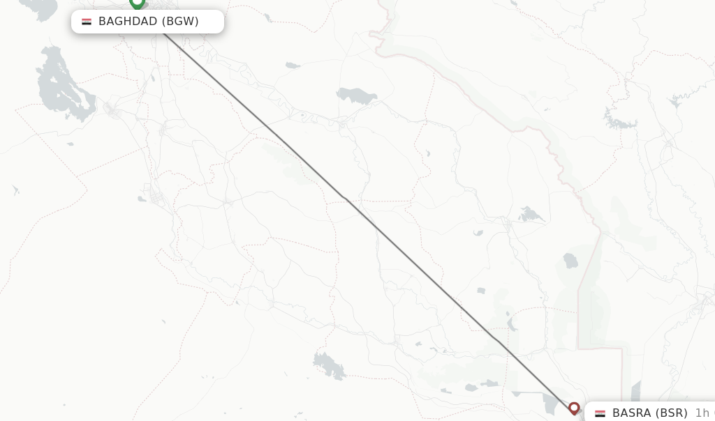 Flights from Baghdad to Basra route map