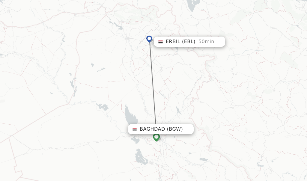 Flights from Baghdad to Erbil route map