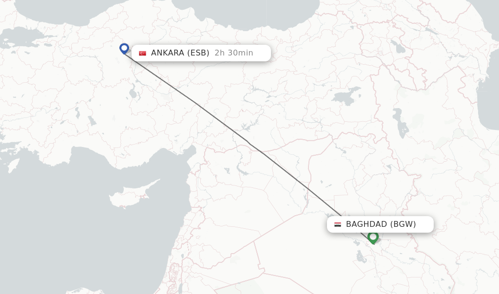 Flights from Baghdad to Ankara route map
