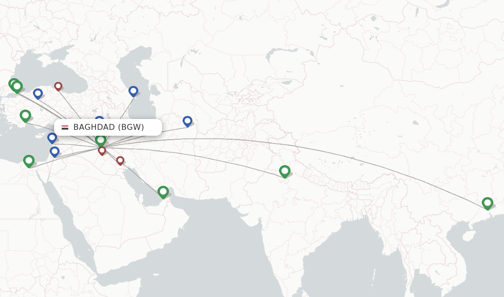 Route map with flights from Baghdad with Iraqi Airways