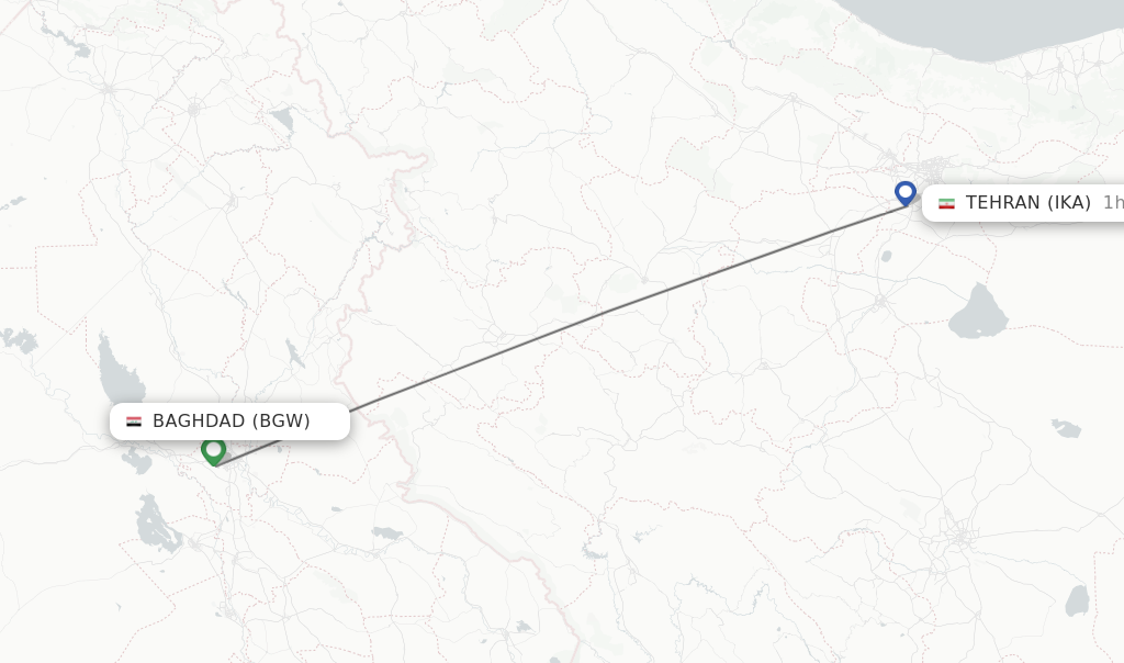 Flights from Baghdad to Tehran route map