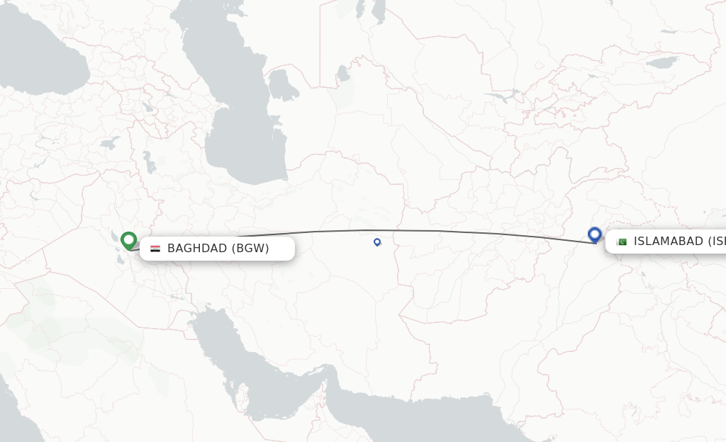 Flights from Baghdad to Islamabad route map