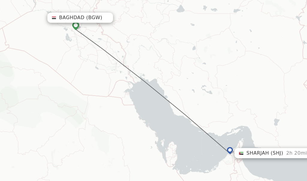 Flights from Baghdad to Sharjah route map