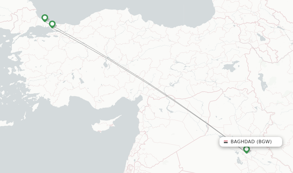 Route map with flights from Baghdad with Turkish Airlines
