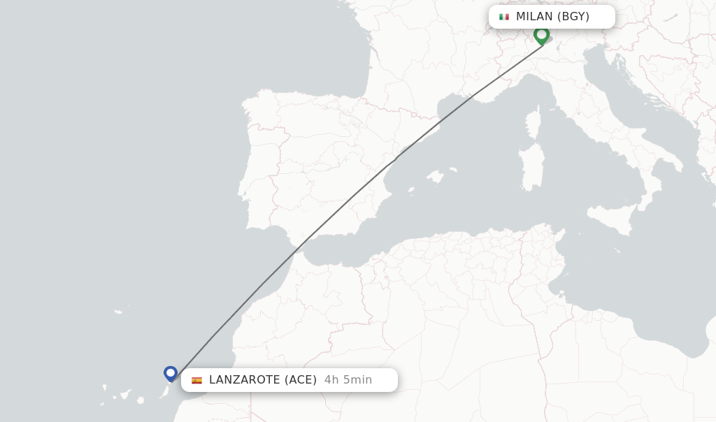 Flights from Milan to Lanzarote route map