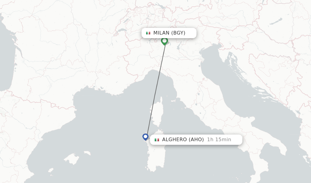 Flights from Milan to Alghero route map