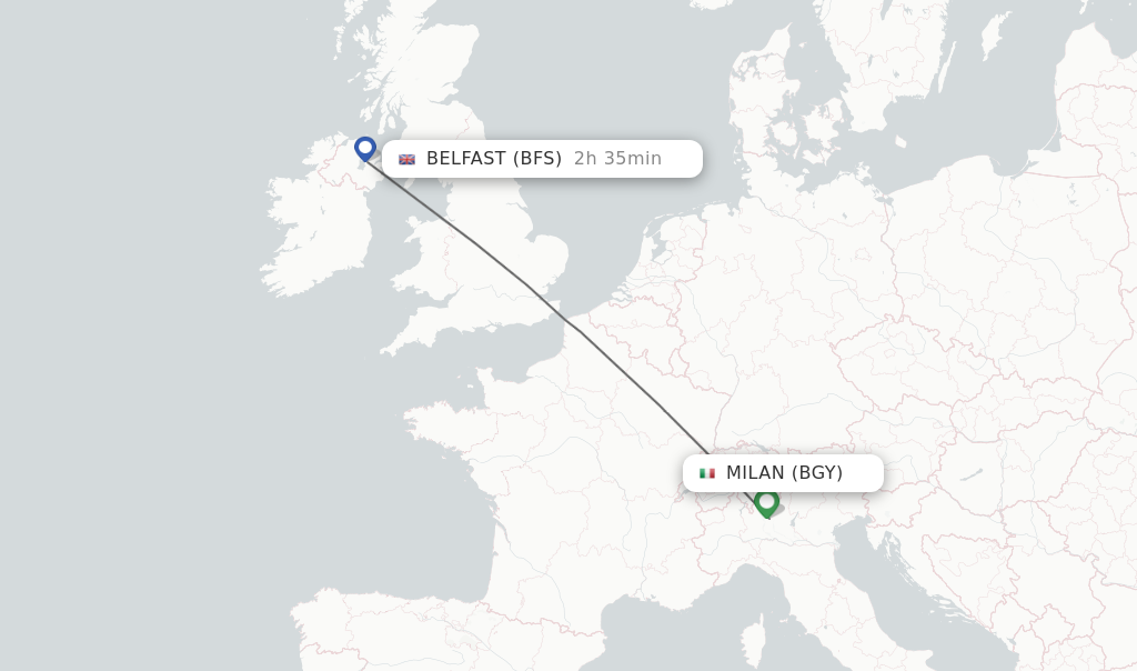 Flights from Milan to Belfast route map