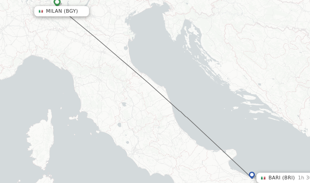 Flights from Milan to Bari route map