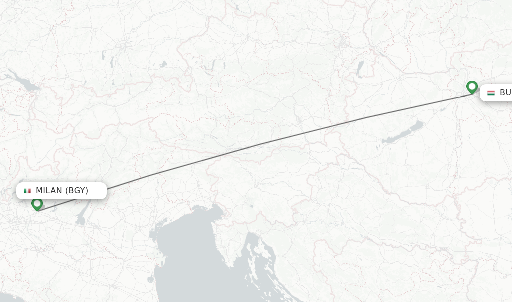 Flights from Milan to Budapest route map