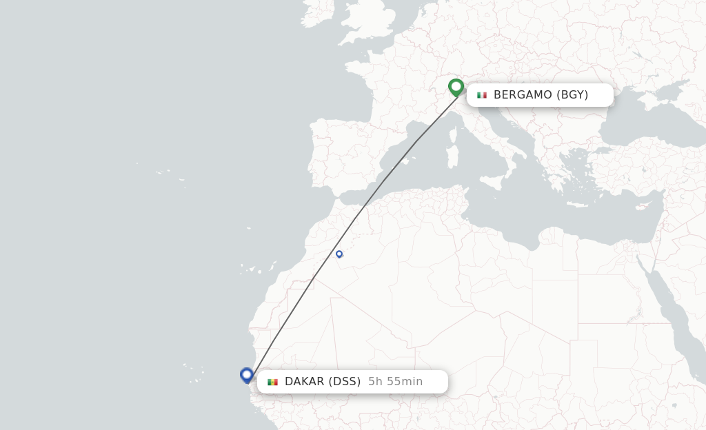 Flights from Milan to Dakar route map