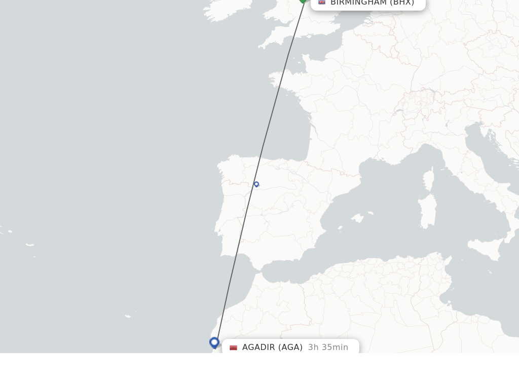 Flights from Birmingham to Agadir route map