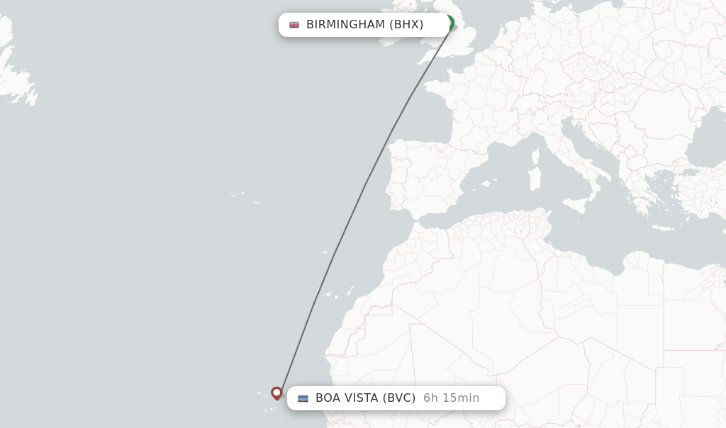 Flights from Birmingham to Boa Vista route map