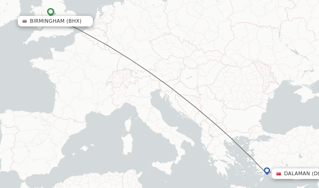 Flights from Birmingham to Dalaman route map