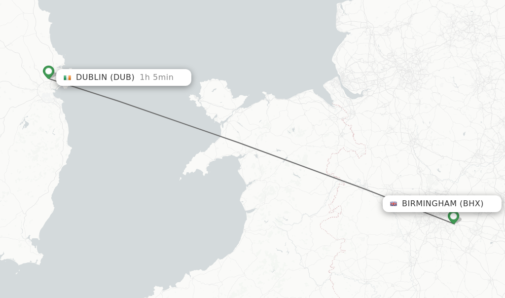 Flights from Birmingham to Dublin route map