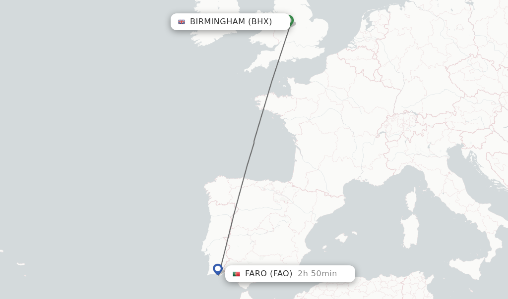 Flights from Birmingham to Faro route map