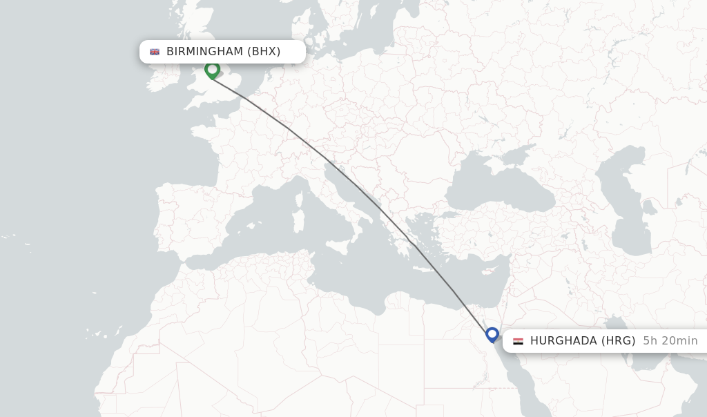Flights from Birmingham to Hurghada route map