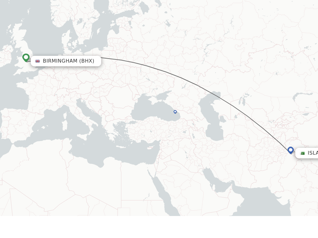 Flights from Birmingham to Islamabad route map