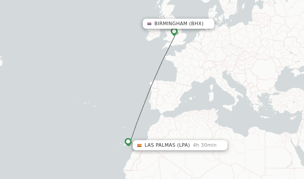 Flights from Birmingham to Las Palmas route map