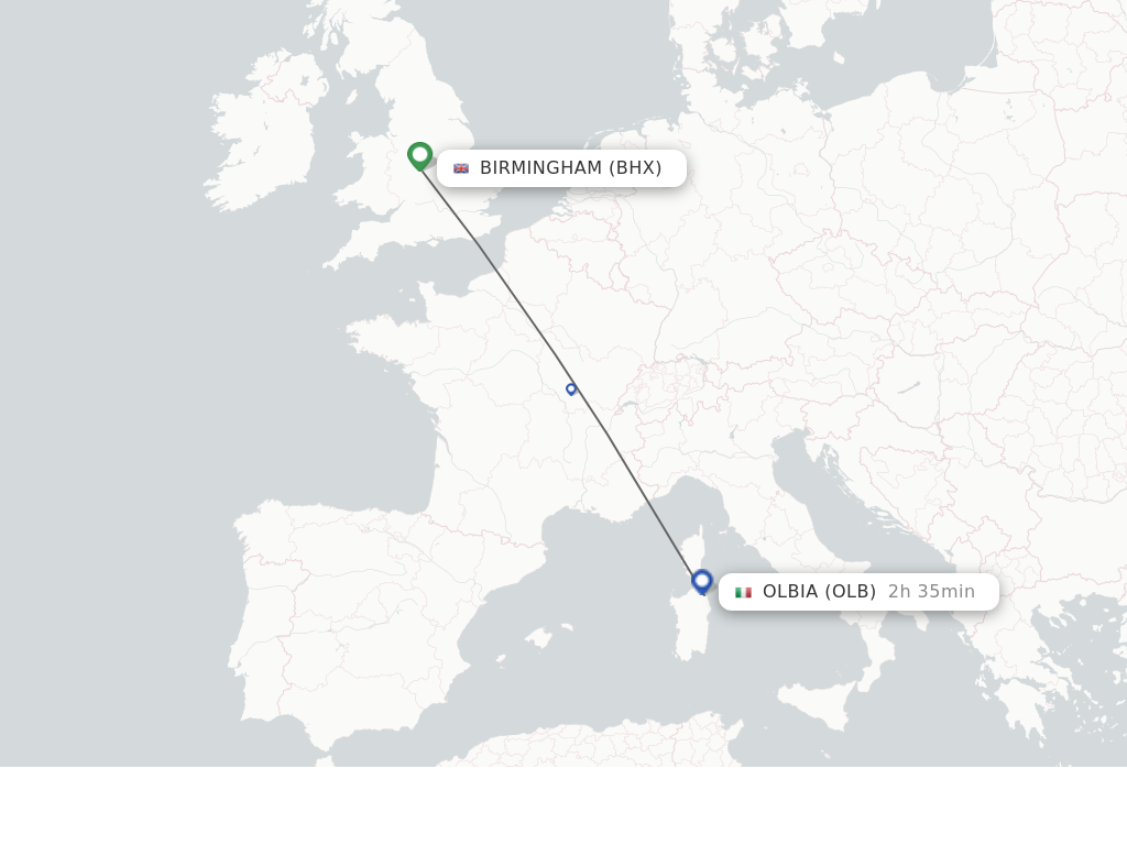 Flights from Birmingham to Olbia route map